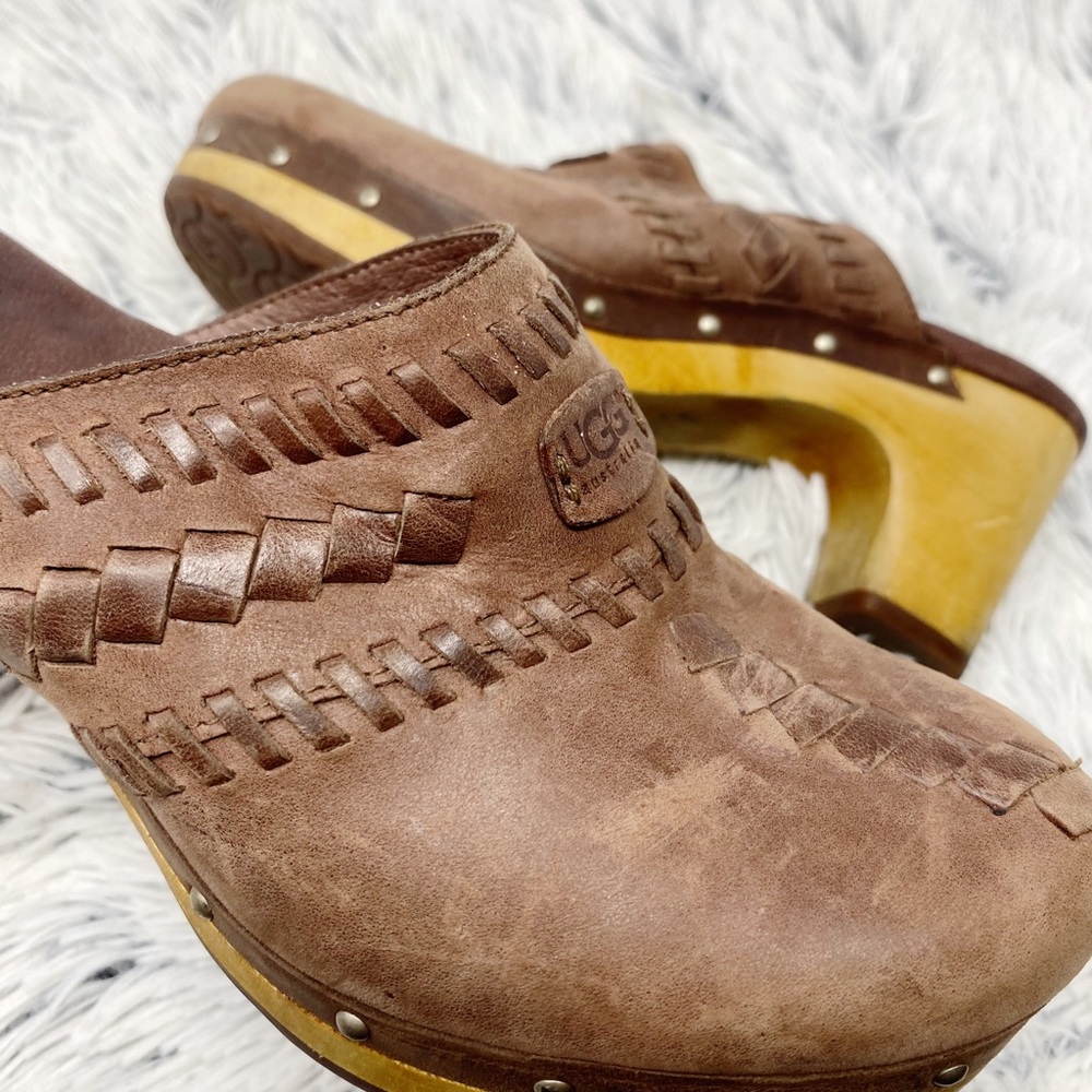 UGG Brown Braided Leather Studded Mules Clogs